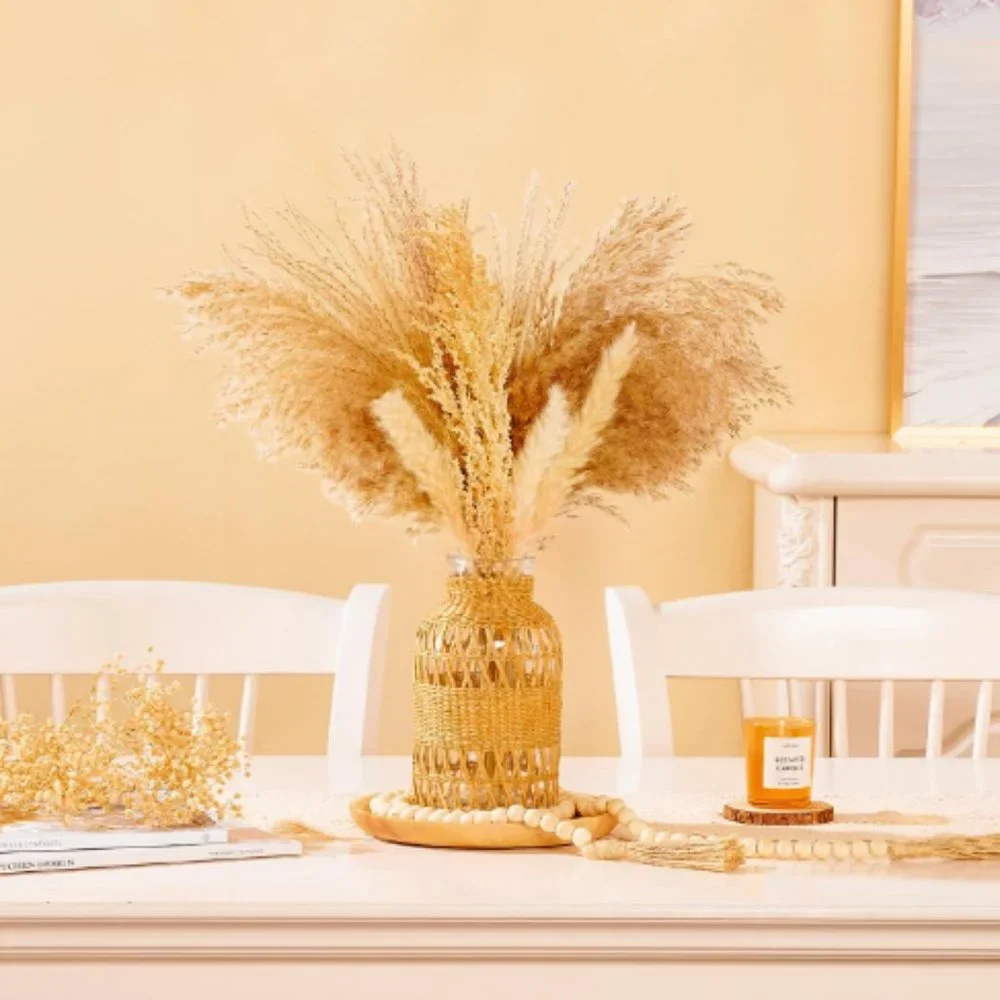 Rustic Farmhouse Vase - Hand Woven Rattan Glass Vase - Dried Pampas Flower Vase